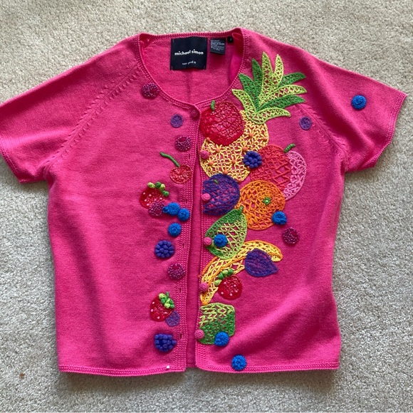VTG Michael Simon Sweater S Button Front Crochet Cardigan HOT PINK Fruit RARE - Picture 1 of 4